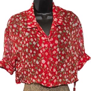 The Kooples Rosa Rosa Floral Flower Print Chiffon Cropped Blouse Shirt Top